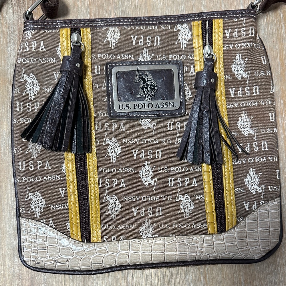 U.S. Polo Assn. Brown Logo Crossbody with Yellow Stripes and Tan Croc Accent